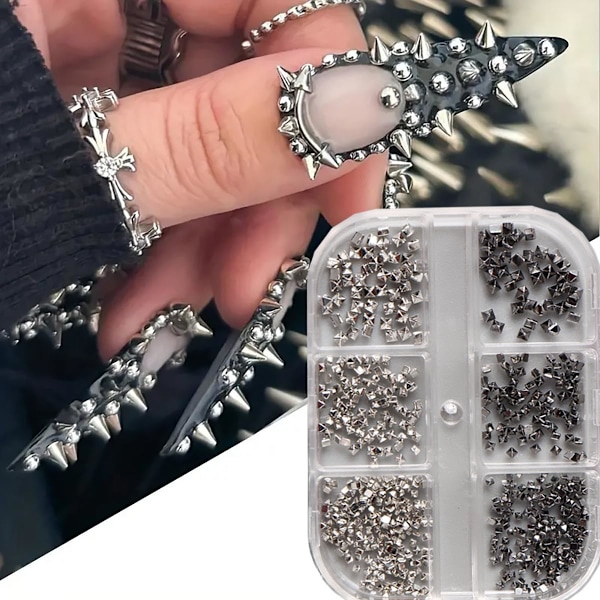 Kiiltävät metalliseosnaulakorut akryylikynsille, minikynsitarrat, mustat ja hopeiset sekoitetut kynsikristallit, söpöt kynsikorut ja -jalokivet, tee-se-itse-askartelut, kynsitaide C