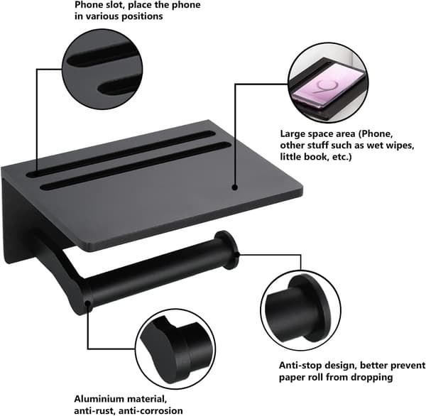 Toiletpapirholder med hylde, sort rustfrit aluminium Toi