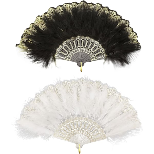 2 stk. Sort Hvid 1920'er Fjer Fan, Broderet Blomst Marabou Fjer Fan, 1920'er Marabou Fjer Fan, Flapper Fjer