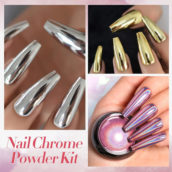 4 Burkar Krom Nagelpulver Metalliskt Spegelpulver Holografiskt Pigmentpulver Manikyr Nagelkonst Dekorationsset Silver Guld