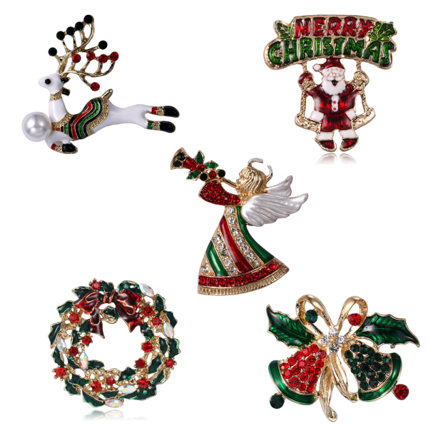 5 Pieces Christmas Brooch Pin Set with Rhinestones for Women（B）,