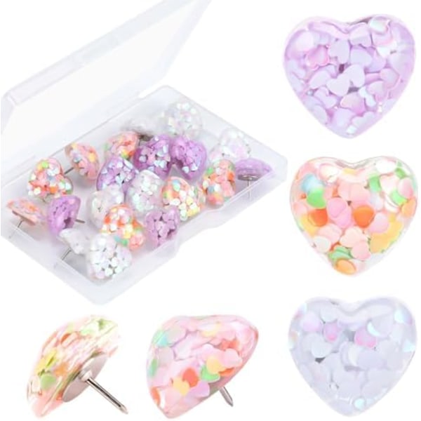 20 stk. Push Pins, Hjerte Glitter Sequins Push Pins Dekorative Tommelfinger Pins til Væghængninger, Opslagstavle, Kort, Kontor