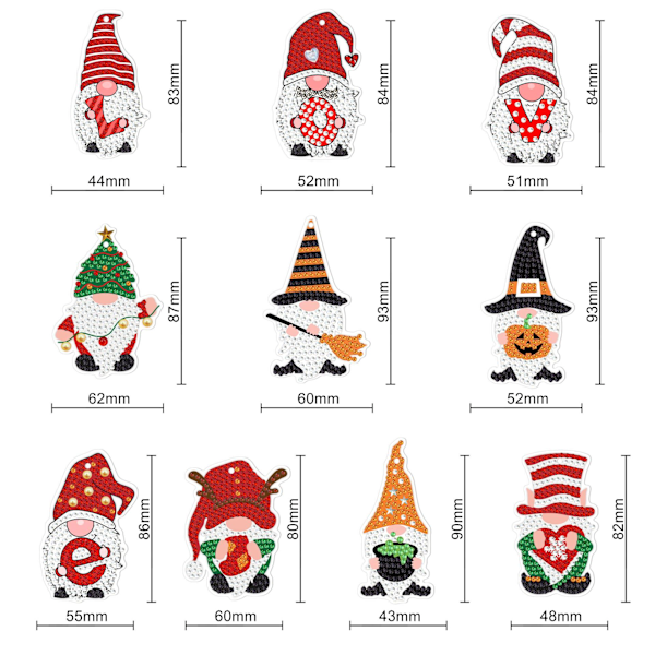 10 st DIY Jul Diamantmålning Nyckelringar Gnomes Dubbelsidig Diamantmålning Kits Mosaik Shap