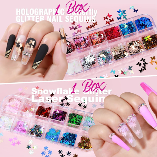 1 Set Nageldekaler, 12 Ark Nagelkonstdekaler 3D Självhäftande och 5 Askar Fjärilsnagelpaljetter Hjärta Glitterfolie