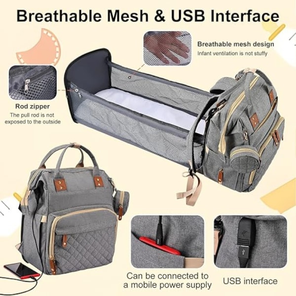Babyble-rygsæk, rejsetaske med bærbar krybbe, 35 l barselstaske med stor kapacitet, multifunktion
