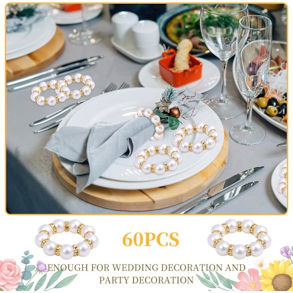 (Guld, 60 stk.) 60 stk. Guld Engangs Servietringe, Imitations Perle Servietring Holder Perlebesat Hvid & Gylden Perlebesat Servietholder til Formelle Bryllupper