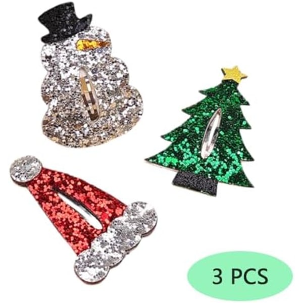 3 stk. Glitterhårklipp for barn til jul, juletre hårklemmer, snømann hårklipp, glitter julehatt hår
