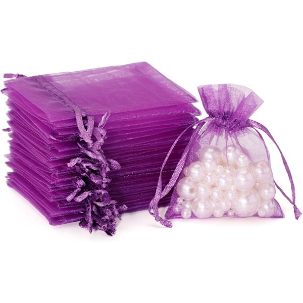 100 stk Organza Gaveposer, 7x9 CM Små Organza Gaveposer, Bryllups Smykkeposer, Klar Mesh Purple