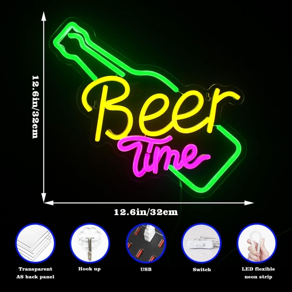 Beer Time Neonskylt Bar Neonljusskylt Gul LED-skylt för väggdekor USB Neonskylt för Bar Club Ho