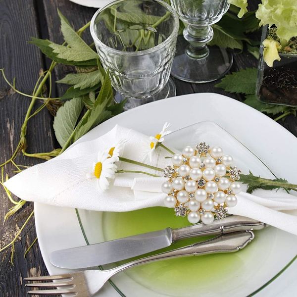 Set med 12 elegante perlenapkinringer, serviettholderring metallspenner for borddekorasjon