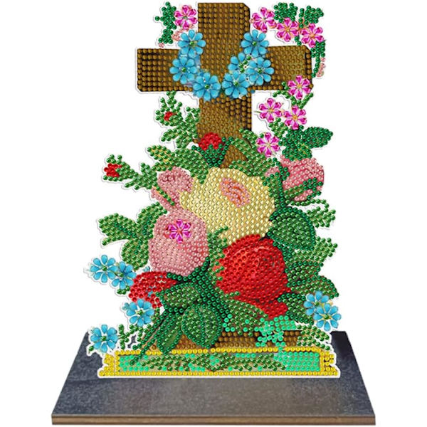 Diamantmaleri Desktop Ornament Kors og Blomster Diamantmaleri Desktop Dekoration DIY Single S