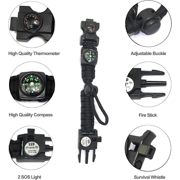 Pieces Paracord Selviytymisranneke miehille ja naisille, sotilaallinen Paracord-rannekesarja piikivellä + kompassilla + lämpömittarilla + pillillä + LED-valolla ulkoiluun,