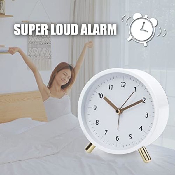 11 cm Analog Väckarklocka för Sängbord, Batteridriven Rund Klocka med Bakgrundsbelysning, Vit
