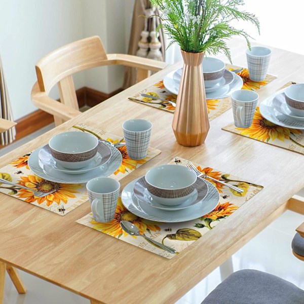 Auringonkukka Mehiläinen Ruokapöydän Tabletti, 4 kpl, Kesä Syksy Keltainen Kukka Vintage Rustiikkinen Kukka Lämmönkestävä Pellava Ta