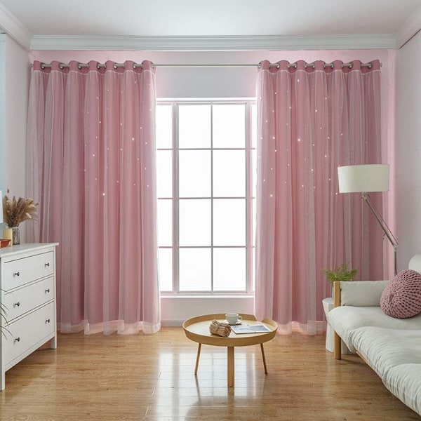 2 stk. lyserøde gardiner til pigers soveværelse/børneværelse, måne og stjerne h 2m wide * 2.7m high