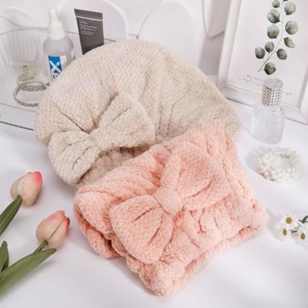2 Pak Mikrofiber Hårhåndklæde Hætte, Blød Absorberende Hårhåndklæde Wrap Kvinder Tørring Hår Hætte Turban Håndklæde med Bue-Knude Brusebad