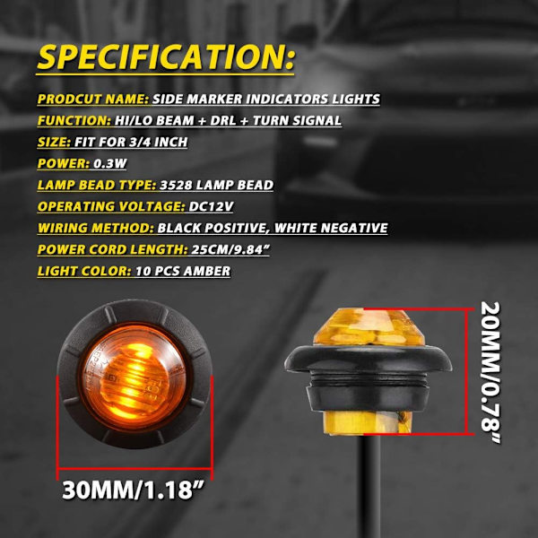 3/4\" Runda LED-positionsljus fram/bak/sida, indikatorer, vatten