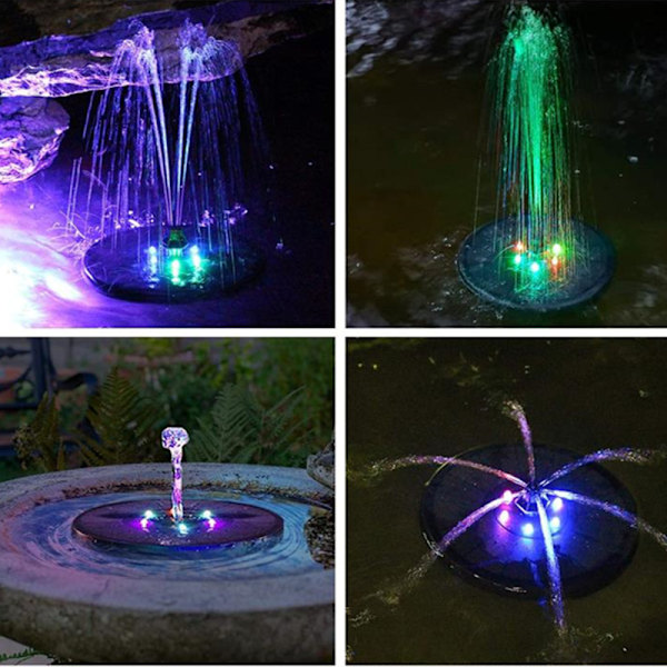 Solcellsfontänpump, LED utomhus solcellsfontän flytande 3W solcellsdammpump med batteri färgglada LED-lampor och 7 munstycken
