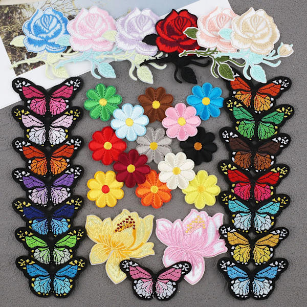 39 Stykker Blomst Broderi Stryge-på Lap, Butterfly Embroid