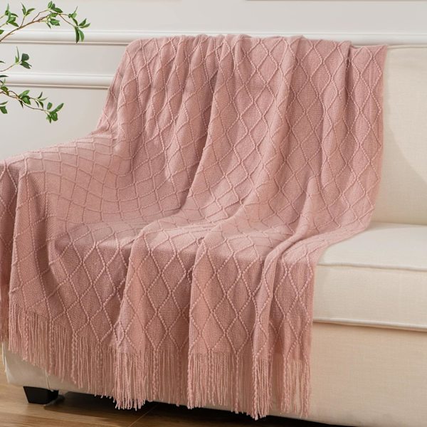 Harmaa Heittopeitto Fransuilla, Vaaleanpunainen Neulepeitto Koti Sisustukseen, Boho Tyylinen Tekstuuri Neule Koristepeitto