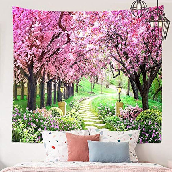 100x75cm Träd Blomma Väggbonad Skogsstig Röd Körsbärsblomma Väggbonad Dekoration för Sovrum Vardagsrum Sovsal