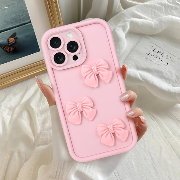 Søte deksler til iPhone 16 Pro Max Rosa 3D Sløyfe Design Myk Støtsikker Beskyttende Telefondeksel for Jenter Kvinner