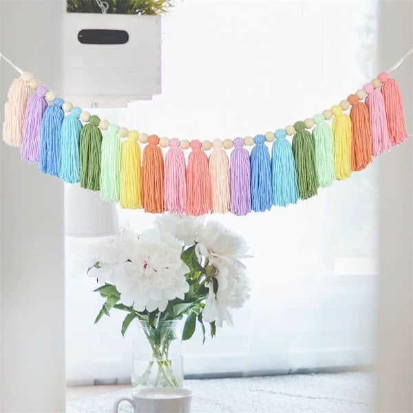 Ljus 1-pack Bomull Tofs Girlang Pastell Banner Färgglad Party Bakgrund Dekorativa Väggdekorationer Llama Dekorationer för Sovrum, Barnrum, Studentrum, Födelsedag