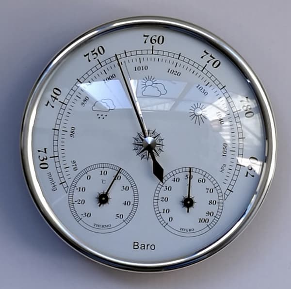 Sølvbarometer, værstasjon med barometer og hygrometer
