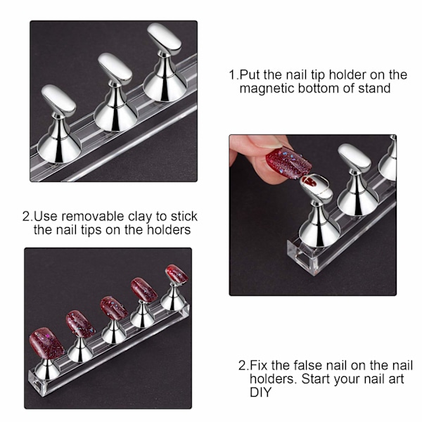 3 Set Akryl Nageldisplayställ Magnetisk Press på Naglar Övningshållare Ställ DIY Målning Fingernagelställ för Falska