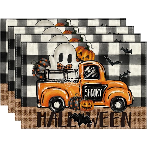 Ruutukuvioinen Lepakkohaamu-Kuorma-auton Pelottava Halloween-Pöytäliinat, 4 kpl, 12x18 tuumaa, Kausivaiset Pöytäliinat Juhliin, Keittiöön ja Ruokailuun