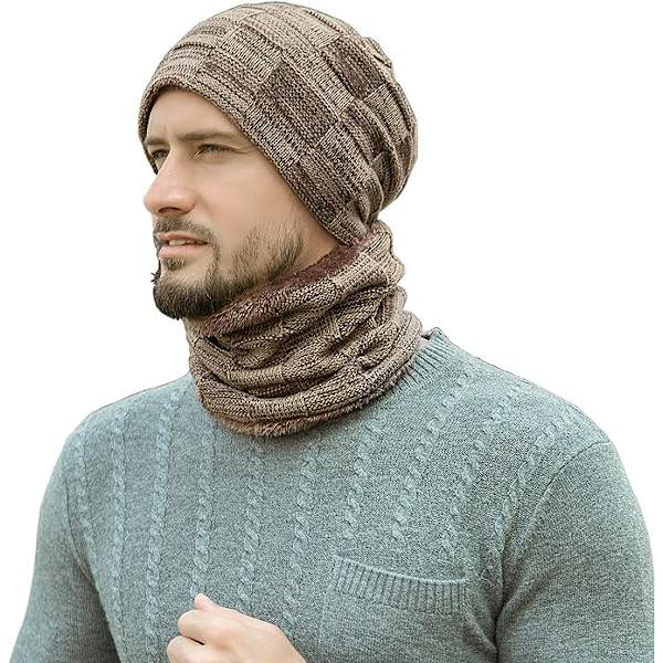 Herre Vinter Beanie Hatte Halstørklæde Sæt Varme Strikkede Hatte-khaki Skull