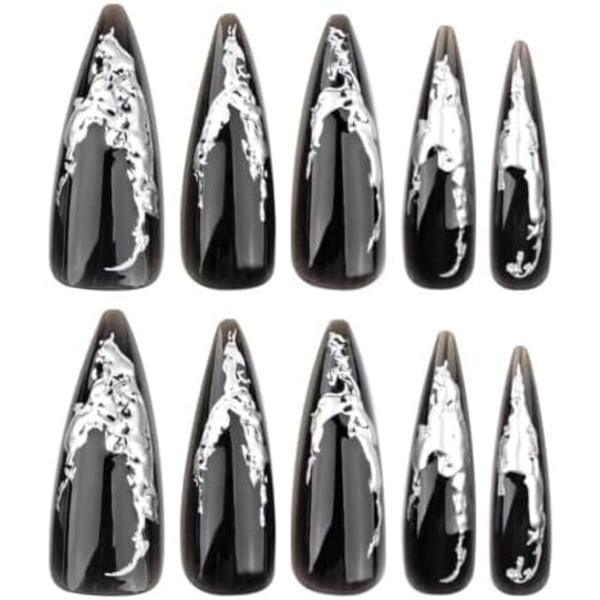 Extremt Långa Lösnaglar, Stiletto Halloween Svarta 3D Silver Franska Randiga Gotiska Coola Y2K Press on Naglar med Nagellim, Fantasy Silver Vågiga Svarta F