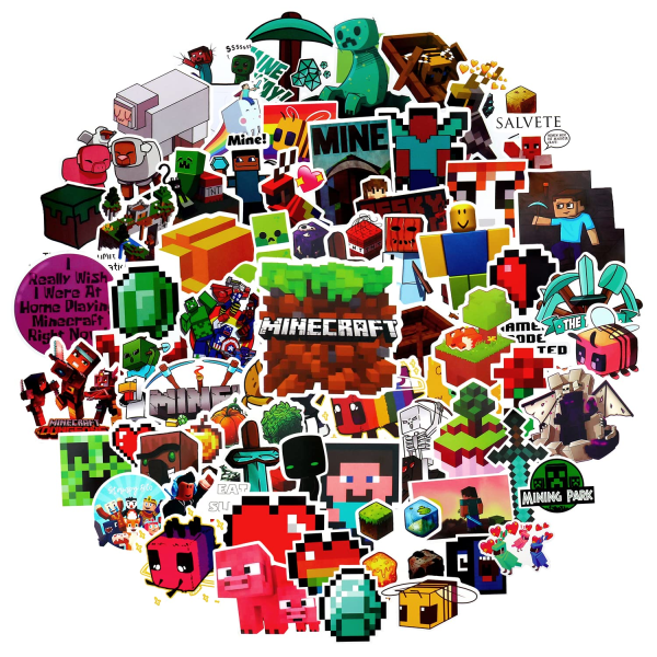 Minecraft-tarrapakkaus, jossa on 100 Minecraft-tarraa kannettavalle tietokoneelle, rullalaudalle, kitaralle, matkalaukuille, vesibotille