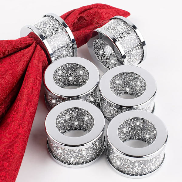 Sett med 6 Glassinnfattede Krystall Sølv Serviettholdere, Glam Serviettspener Dukholder Bling Knust Diamant Ta