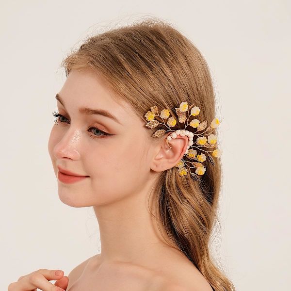 Guld Blad Gul Blomst Enkelt Venstre Fe Elf Øre Cuff Cosplay Smykker