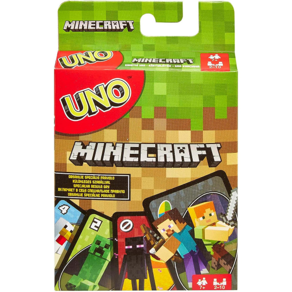 Uno Minecraft -teemalla kuvitettu korttipeli erityisellä Creeper-toimintakortilla, 112 korttia ja pelisäännöillä
