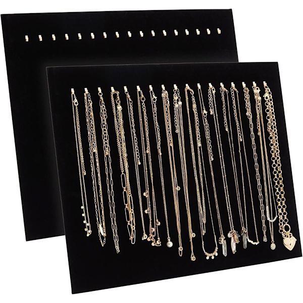 Set med 2 Halsbandsorganiseringsställ Svart Sammet Smyckesdisplaybricka med 17 Krokar, 37 x 30 x 1,5 cm