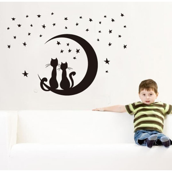 Klistermærke vægmaleri chat noir étoilé chambre d'enfant lune étoile
