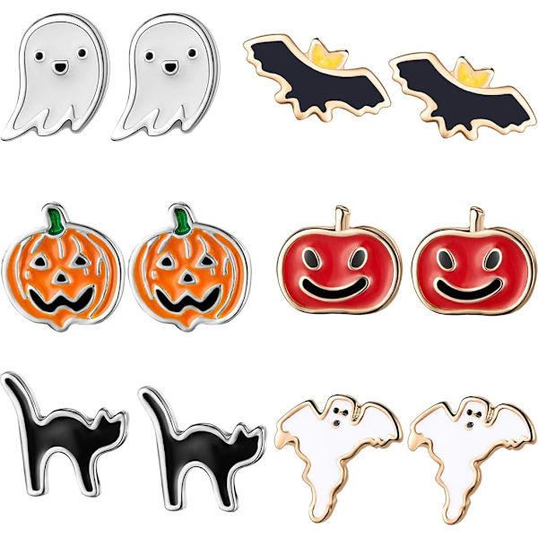 6 Par Halloween Øreringe Sæt, Inkluderer Græskar, Sorte Katte, Flagermus, Spøgelsesøreringe til Halloween