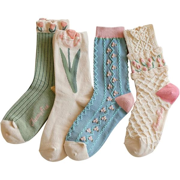 Sødt Blomster Crew Sokker til Kvinder Teen Piger Blomst Frillet Vintage Fancy Bomuld Sokker