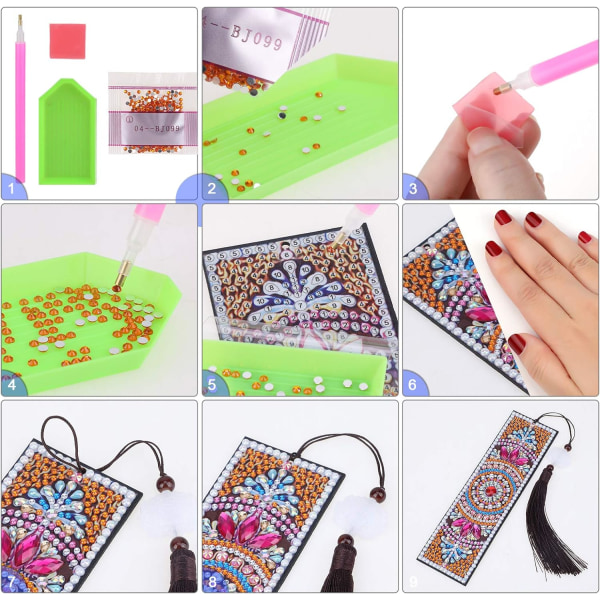 2 stk. 5D DIY Mandala Diamantmaleri Bogmærker, Diamantbroderi Bogmærker Kit med Læder Kvast