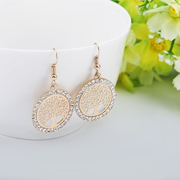 Øreringe til kvinder, livets træ øreringe, nye skinnende rhinestone hoops Gold