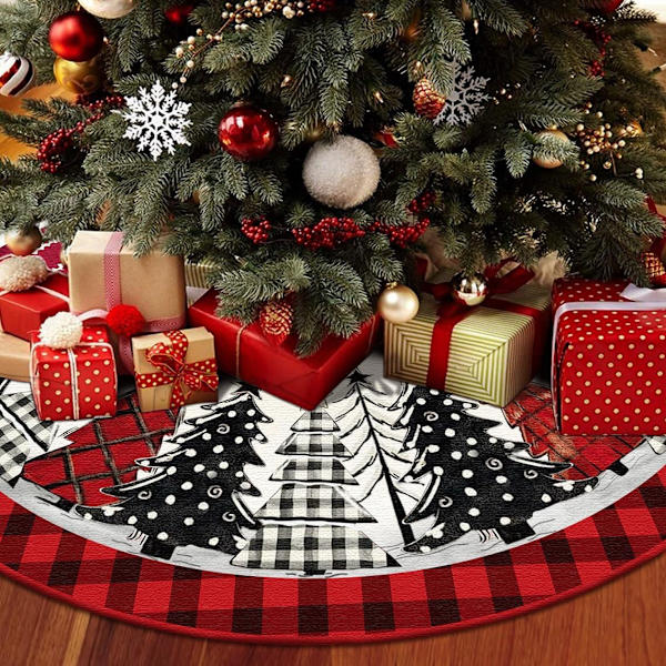 120×120×1cm Joulukuusen helma 48 tuumaa, Punainen ja Musta Buffalo Plaid Joulukuusen Lumihiutaleiden Helma Matto Juhliin I