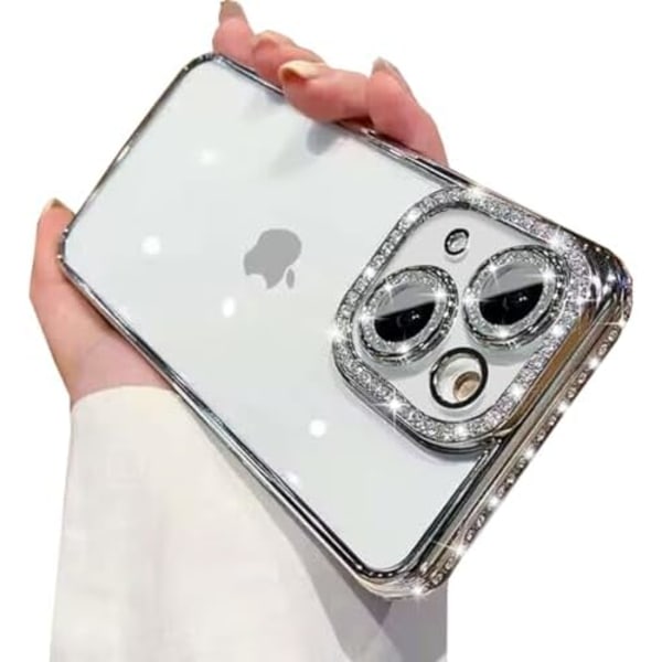 Klar Glitter för iPhone 15 Skal, Lyxig Bling Glittrande Diamant Strass med Kameraskydd Söt Mjuk TPU Plätering Bu