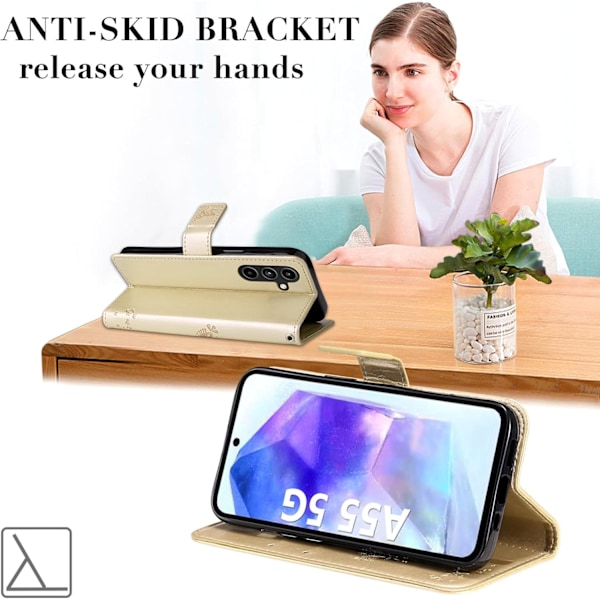 1 stk. - Guldlæder Wallet Case til Samsung Galaxy A55 5G med blomstermønster, kortholder, magnetisk flipcover
