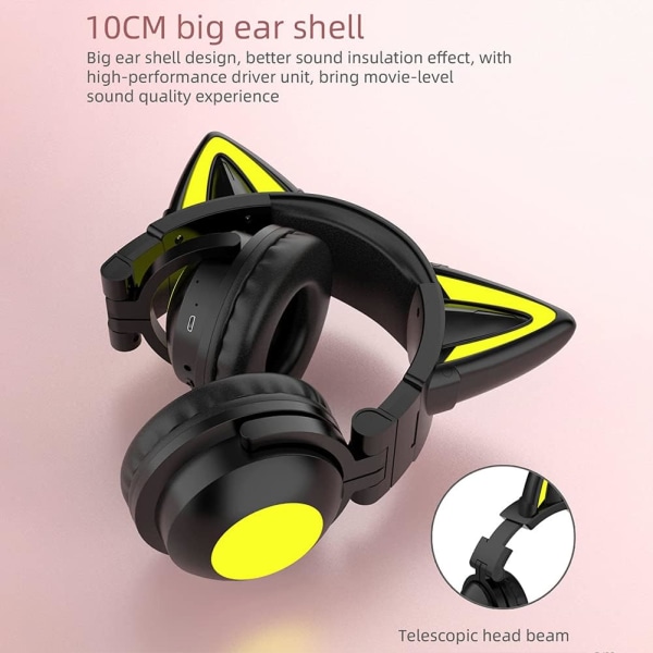 Cute Cat trådløse hodetelefoner, LED-lysende spillhodesett Bluetooth 5.0 Mode Over Ear Low Noise Head