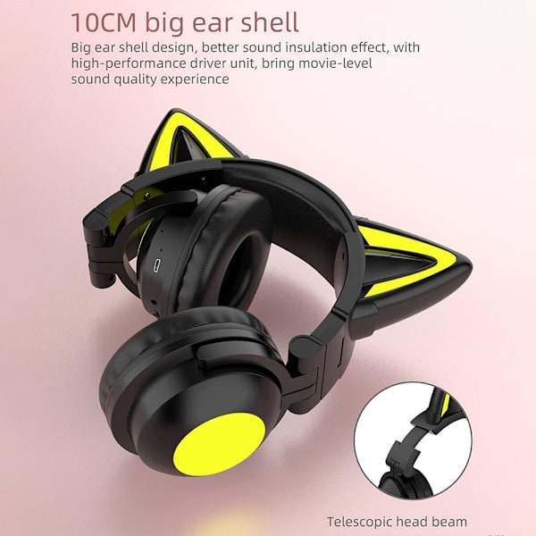 Søde katte trådløse hovedtelefoner, LED lysende gaming headset Bluetooth 5.0 tilstand over øret lav støj hoved