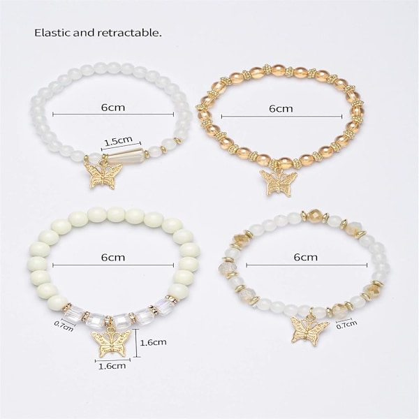 Rosa Set Bohemisk Fjäril Kristall Sten Sträckbar Hängande Armband för Kvinnor Guld Pärlor Stapelbara Sträckbara Armband Col