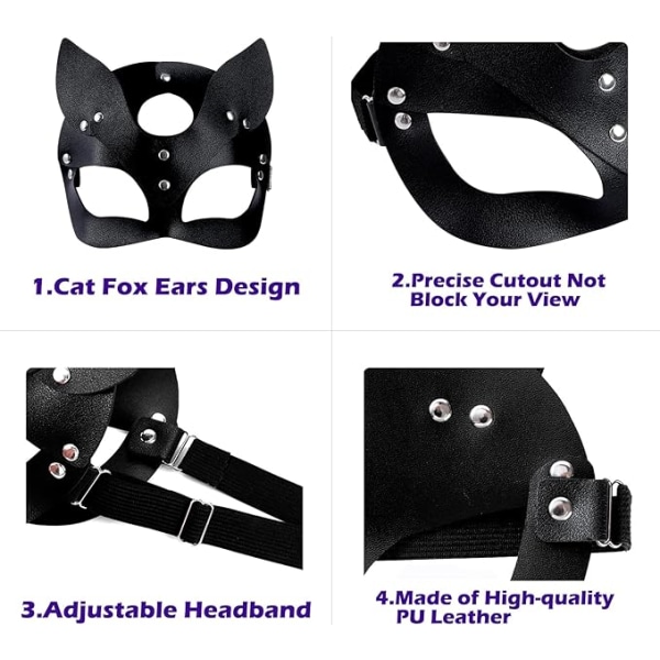 Catwoman-mask, sexig halloweenmask för kvinnor, Catwoman-mask i PU-läder för halloweenmask för M