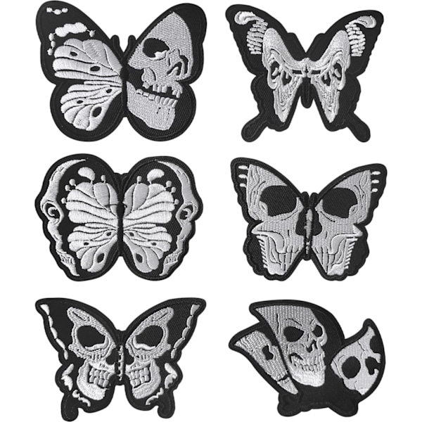 Set med 6 Skull Stryk-på-märken, Broderade Fjärilsmärken, Nefarious Halloween-dödskalle för Kläder, Jacka, Jeans